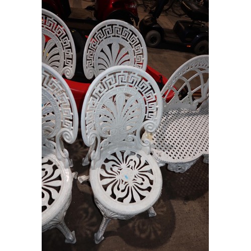 2052 - 4 x white painted metal garden chairs and 2 x white painted metal garden tables