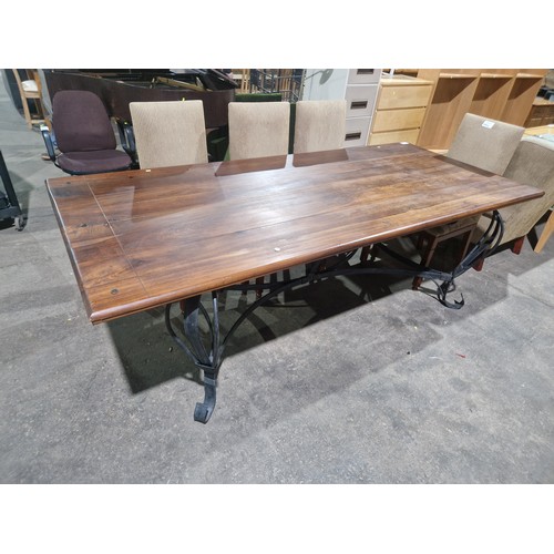 2802 - A large rectangular decorative metal framed dark wood dining table approx 240x105