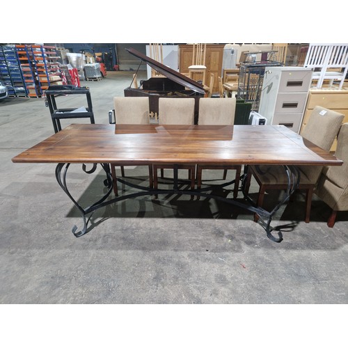 2802 - A large rectangular decorative metal framed dark wood dining table approx 240x105