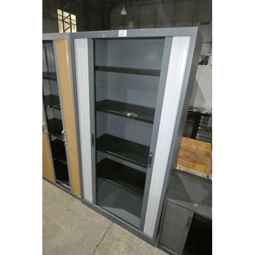 1367 - 1 x grey metal tambour front cabinet approx 102 x 45 x 198cm high