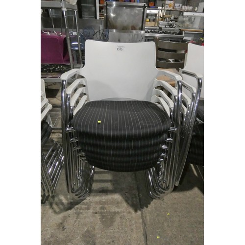 1373 - 6 x Connection cantilever stacking chairs with white plastic backs and upholstered seats