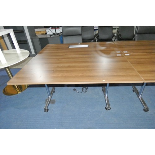 1403 - 1 x rectangular dark wood effect tipping top table on wheels approx 160 x 80cm