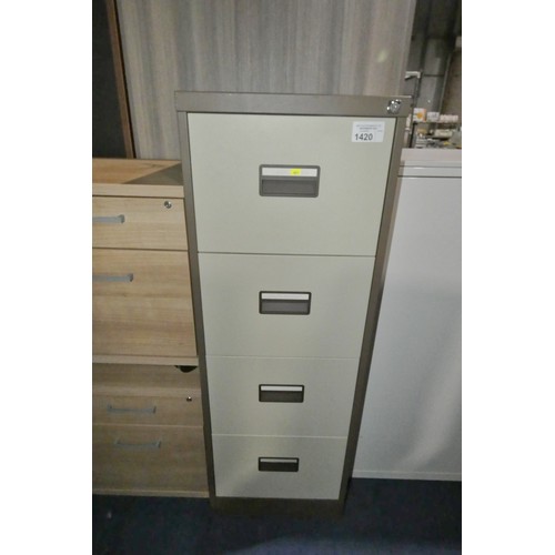 1420 - 1 x brown metal 4 drawer filing cabinet