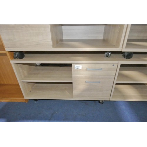 1425 - 1 x low wood effect storage unit on wheels approx 100 x 60 x 57cm high