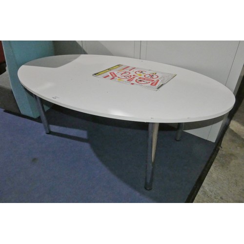 1428 - 1 x light coloured oval meeting room type table approx 200 x 120cm