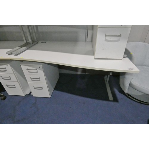 1434 - 1 x white piano / wave front office table approx 140 x 100cm supplied with a white under work top pe... 