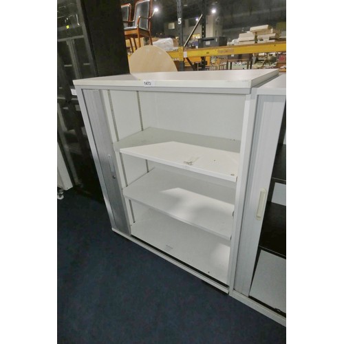 1473 - 1 x light grey / white wood effect front opening tambour cabinet approx 50cm d x 100cm x 120cm high