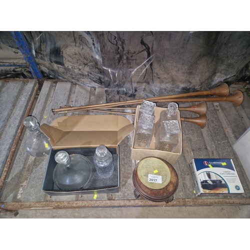 2017 - A quantity of various items including glass decanters, long copper hunting horns, books on various f... 