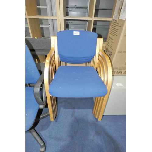 1502 - 4 x blue upholstered wood framed stacking chairs, 2 x black upholstered stacking chairs and 1 x blue... 