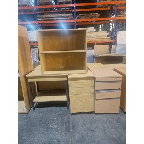 1584 - 2 x wood effect static pedestals (neither have wheels fitted), 1 x small wood effect shelf unit appr... 