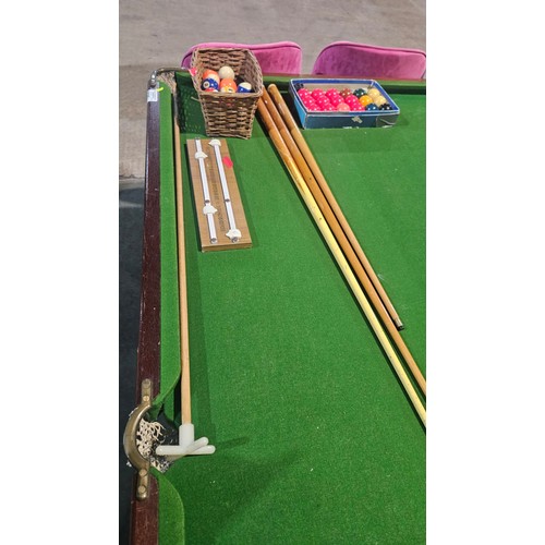 2195 - A snooker table approx 221cm x 115cm (roughly 7ft x 3ft 8 inch) with a quantity of various accessori... 