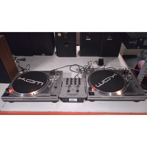 2436 - A pair of Direct Drive variable speed DJ turntables by Kam type DDX750 with Kam slip mats and a Kam ... 