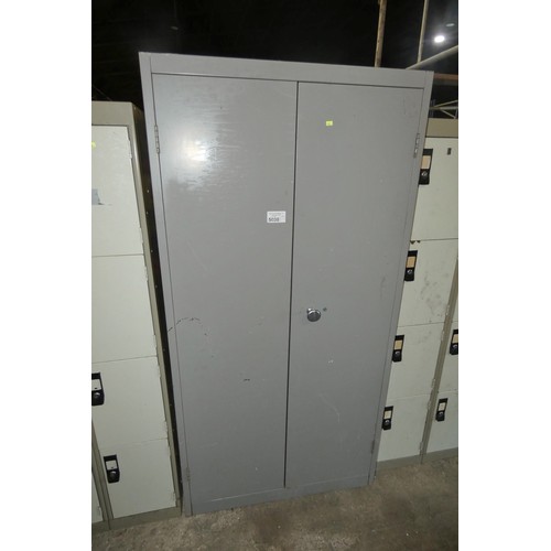 5038 - A grey metal two door cabinet approx 92 x 46 x 183cm high - locked but open and no key is included