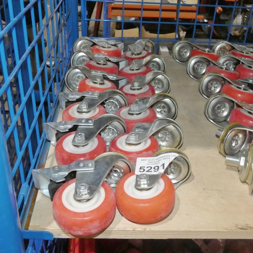 5291 - 12 x orange plastic / metal caster wheels (6 x braked and 6 x unbraked)