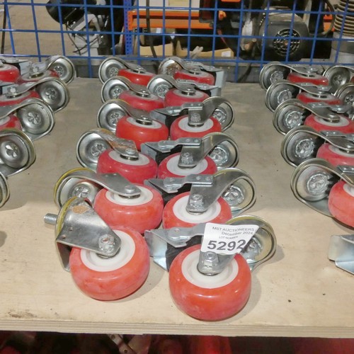 5292 - 12 x orange plastic / metal caster wheels (6 x braked and 6 x unbraked)