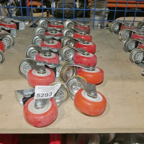 5293 - 12 x orange plastic / metal caster wheels (6 x braked and 6 x unbraked)