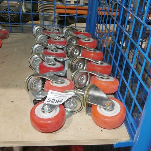 5294 - 12 x orange plastic / metal caster wheels (6 x braked and 6 x unbraked)