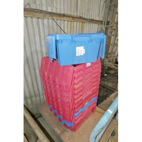 5601 - 13 x plastic stacking crates with fold over lids each approx 39 x 53 x 24cm high