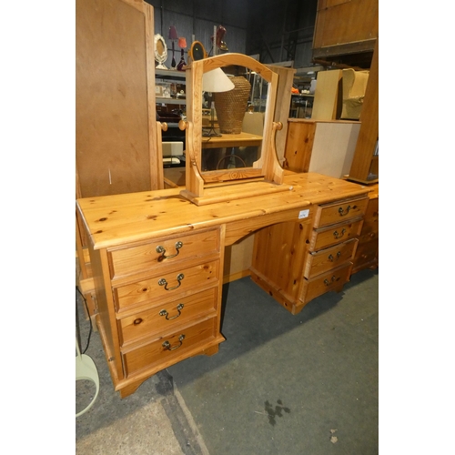 2174 - A Pine dressing table approx 145 x 45 x 72cm high and 1 x Pine framed table top mirror