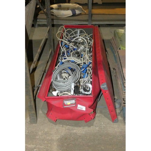 2102 - 1 long box containing a quantity of small PAR type lights and leads 240v. The lights mainly have scr... 