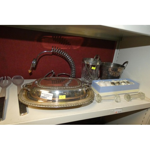 3001 - A silver plated entre dish, a silver plated ice bucket and a quantity of miscellaneous silver plated... 