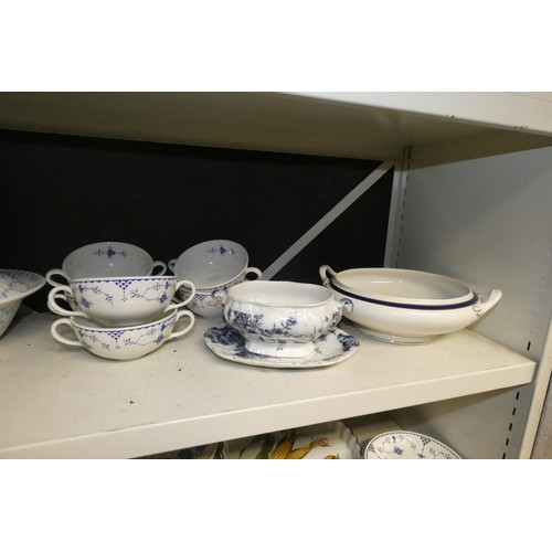 3037 - A collection of blue and white dinnerware, ornaments and other items (two shelves)