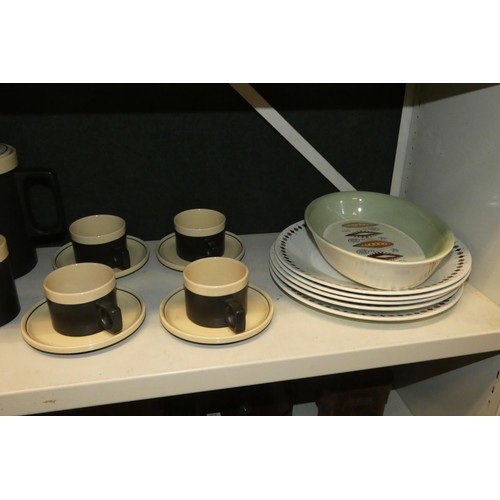 3047 - Two 1970s vintage pottery coffee sets and other 1970s vintage china ware (one shelf)