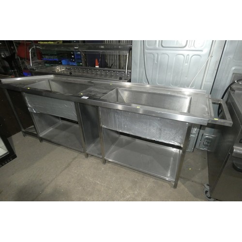 1012 - A commercial stainless steel slimline double sink unit approx 270x56x87cm - trade