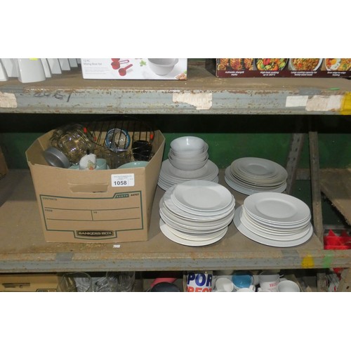 1058 - A quantity of various catering related items including white crockery, green bowls, egg cups glasses... 