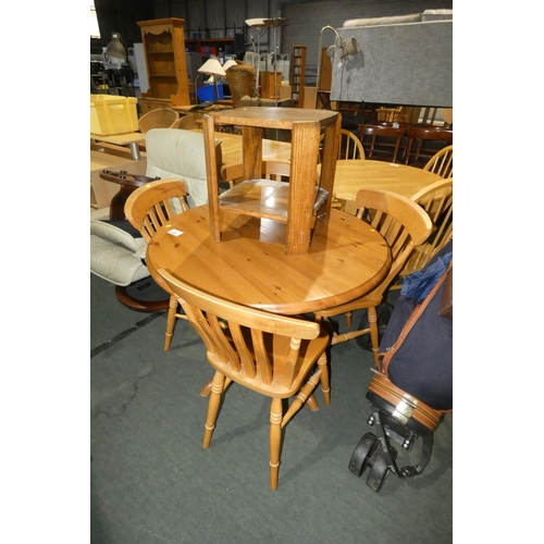 2228 - 1 x Pine round dining table diameter approx 99cm, 4 x Pine dining chairs and 1 x non matching small ... 