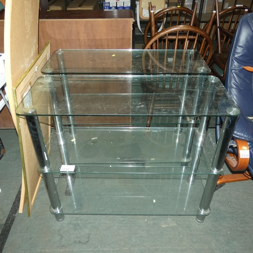 2233 - 2 x metal framed glass bookcases approx 90 x 36 x 77cm high - Please note that the tops just rest on... 