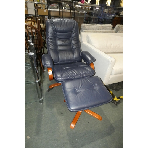 2234 - 1 x blue upholstered reclining swivelling lounge chair with a matching foot stool