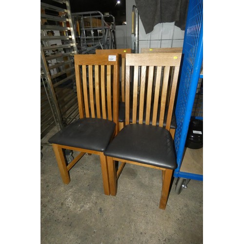 1337 - A set of 4 tall slat back brown upholstered wooden dining chairs