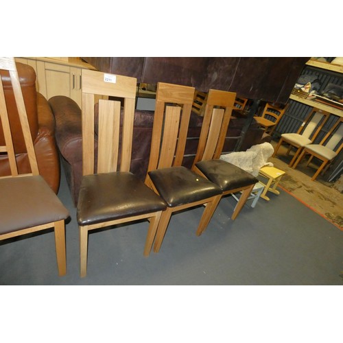 2211 - A set of 3 wooden framed high back dining chairs with brown upholstered seats