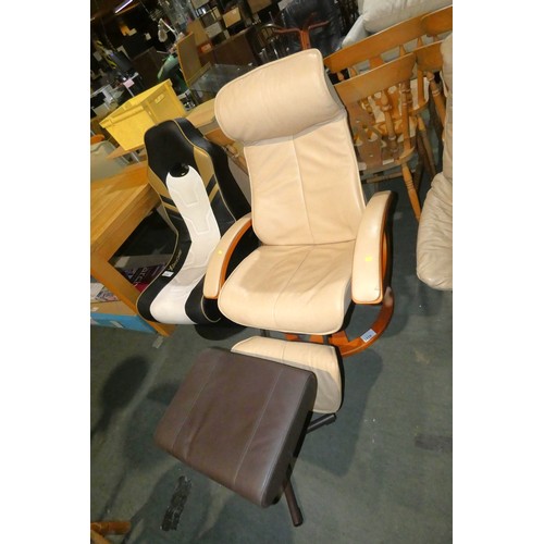 2219 - A cream upholstered reclining swivelling lounge chair with a non-matching foot stool (brown)