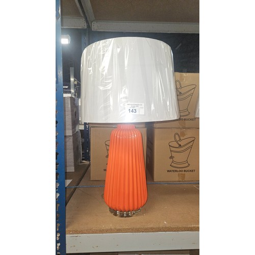 143 - 1 x orange glass table lamp with shade approx 69cm high