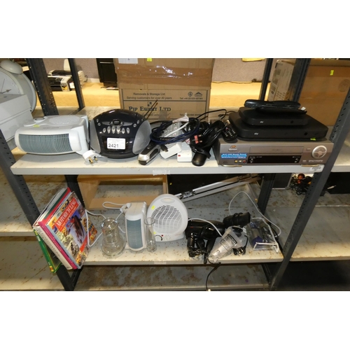 2421 - A quantity of various electrical items including a video recorder, 2 x Sky boxes, radio, fans etc. C... 