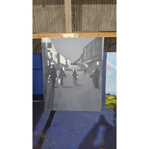 338 - 1 x original painting on stretched canvas showing an abstract street scene in grey / white approx 12... 