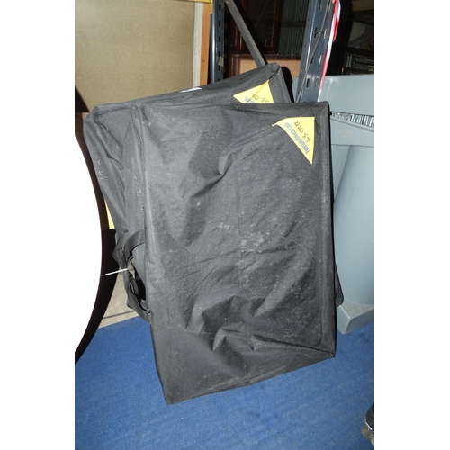 1508 - A folding blue panel exhibition type display stand with 2 x soft black carry bags