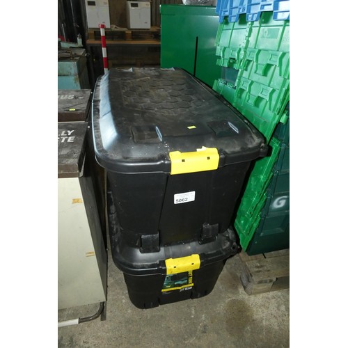 5062 - 2 x black plastic heavy duty storage trunks, each has 145L / 470kg load capacity