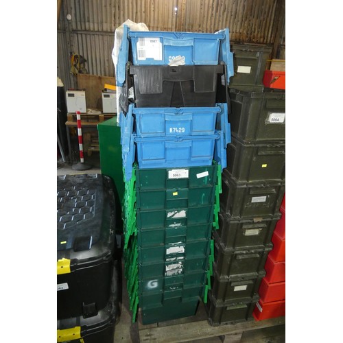 5063 - 12 x various colour plastic stacking crates (fold over interlocking lid type ) each approx 39 x 60 x... 