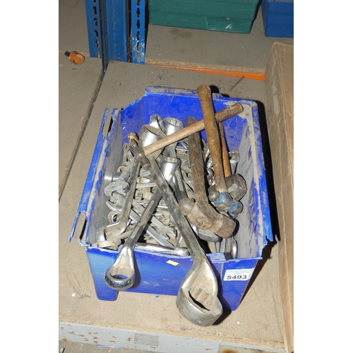 5493 - 1 box containing a quantity of various spanners and hammers