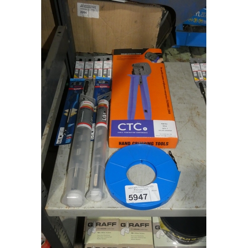 5947 - 1 x CTC hand crimper, 2 x Bosch augers, 4 x Bosch SDS drill bits, 2 x Bosch wood boring bits and 1 x... 