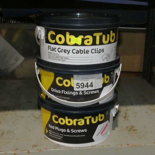 5944 - 3 x Cobratubs comprising 1 x flat grey cable clips, 1 x Driva fixings / screws and 1 x red plugs / s... 