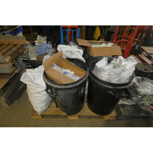 6459 - 1 pallet with 5 x black plastic dustbins containing a quantity of various colour plastic gutter fitt... 