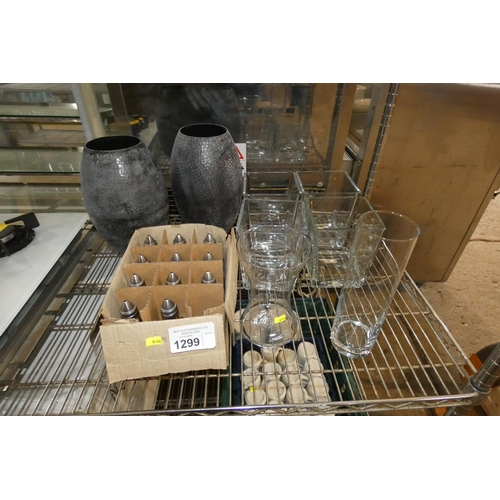 1299 - 6 x various glass vases, 2 x metalware vases and 11 vinegar bottles