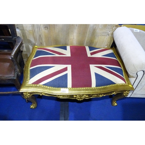 3405 - A very ornate gilt work stool with an upholstered Union Jack seat on cabriole legs