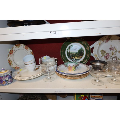 3013 - A quantity of miscellaneous chinaware, glassware and ornaments etc (one shelf)
