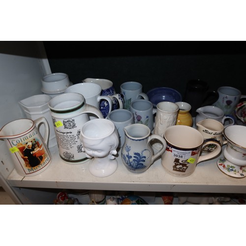 3038 - A quantity of miscellaneous decorative chinaware and ornaments etc (three shelves)