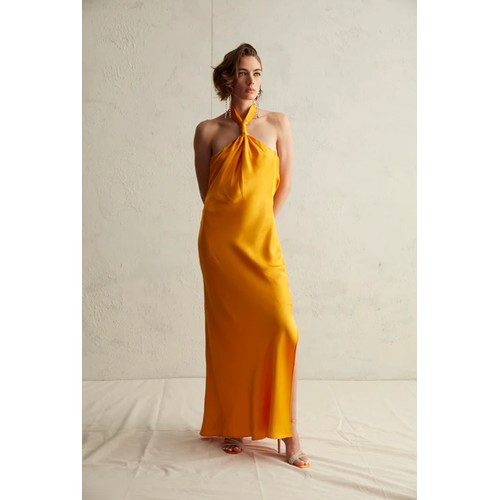 409 - 1 x Rowley Hesselballe Firenze knotted halterneck maxi dress in orange / yellow RRP £199 (was origin... 